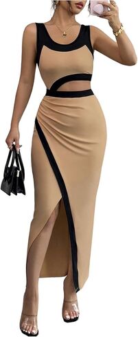 GORGLITTER المرأة كتلة اللون Bodycon فستان ماكسي بلا أكمام قطع Ruched الصيف الكنيسة عيد الفصح التخرج فستان طويل in Kuwait