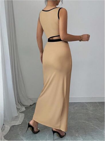 GORGLITTER المرأة كتلة اللون Bodycon فستان ماكسي بلا أكمام قطع Ruched الصيف الكنيسة عيد الفصح التخرج فستان طويل in Kuwait