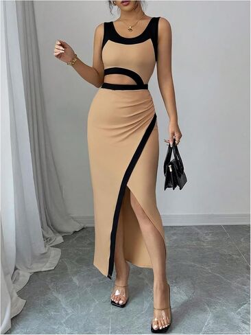 GORGLITTER المرأة كتلة اللون Bodycon فستان ماكسي بلا أكمام قطع Ruched الصيف الكنيسة عيد الفصح التخرج فستان طويل in Kuwait