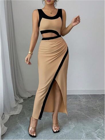 GORGLITTER المرأة كتلة اللون Bodycon فستان ماكسي بلا أكمام قطع Ruched الصيف الكنيسة عيد الفصح التخرج فستان طويل in Kuwait