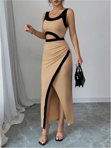 GORGLITTER المرأة كتلة اللون Bodycon فستان ماكسي بلا أكمام قطع Ruched الصيف الكنيسة عيد الفصح التخرج فستان طويل in Kuwait
