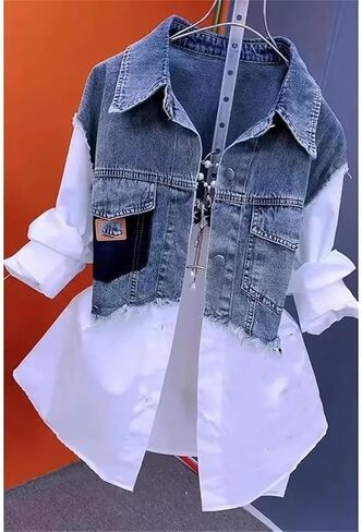 Women's Patchwork Denim Shirt Jacket Casual Long Sleeve Lapel Buttons Work Tops Blouses in Saudi Arabia