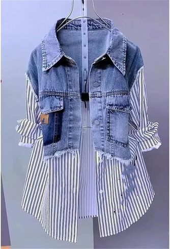 Women's Patchwork Denim Shirt Jacket Casual Long Sleeve Lapel Buttons Work Tops Blouses in Saudi Arabia