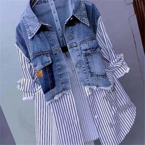 Women's Patchwork Denim Shirt Jacket Casual Long Sleeve Lapel Buttons Work Tops Blouses in Saudi Arabia