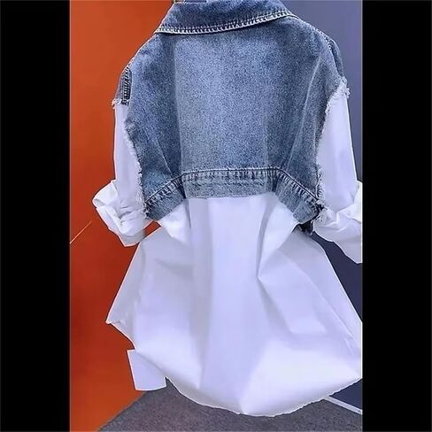 Women's Patchwork Denim Shirt Jacket Casual Long Sleeve Lapel Buttons Work Tops Blouses in Saudi Arabia