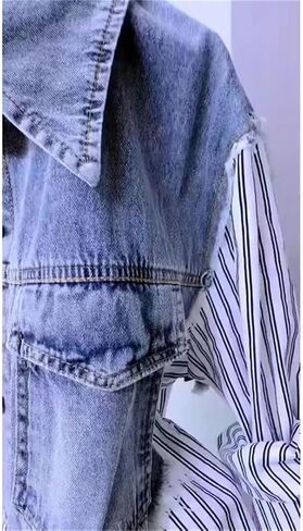 Women's Patchwork Denim Shirt Jacket Casual Long Sleeve Lapel Buttons Work Tops Blouses in Saudi Arabia