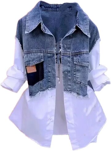 Women's Patchwork Denim Shirt Jacket Casual Long Sleeve Lapel Buttons Work Tops Blouses in Saudi Arabia