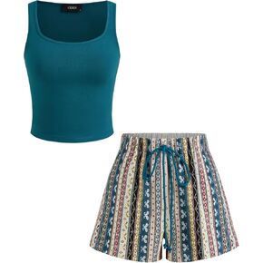 CIDER Square Neck Solid Crop Tank Top With Mid Rise Aztec Knotted Pocket Shorts in Kuwait