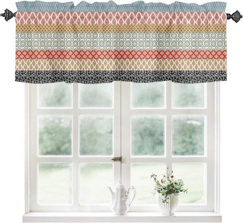 Valance Curtain Boho Ethnic Kitchen Curtain for Window Bohemian Geometric Stripes Orange Rod Pocket Valance Kitchen Window Treatment for Bedroom Living Room 54x18inch in Saudi Arabia