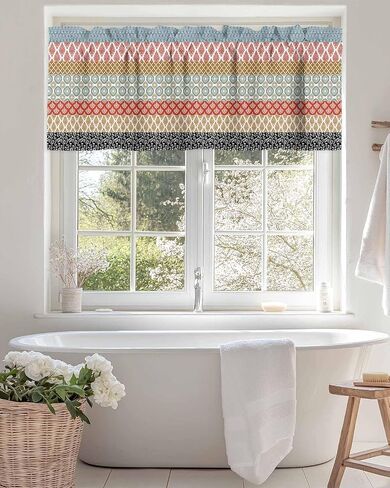 Valance Curtain Boho Ethnic Kitchen Curtain for Window Bohemian Geometric Stripes Orange Rod Pocket Valance Kitchen Window Treatment for Bedroom Living Room 54x18inch in Saudi Arabia