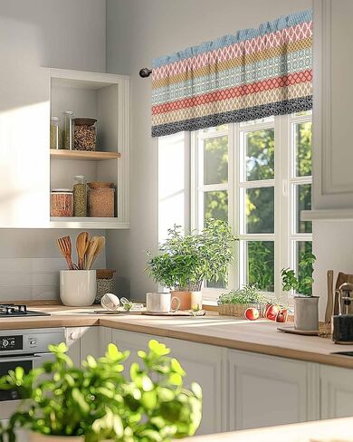 Valance Curtain Boho Ethnic Kitchen Curtain for Window Bohemian Geometric Stripes Orange Rod Pocket Valance Kitchen Window Treatment for Bedroom Living Room 54x18inch in Saudi Arabia