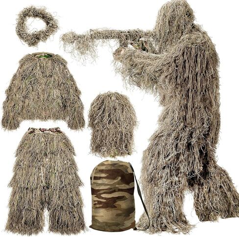 MOPHOTO 5 in 1 Ghillie Suit, 3D Camouflage Hunting Apparel Including Jacket, Pants, Hood, Carry Bag Suitable for Unisex Adults/Youth (M/L/XL/XXL) in Saudi Arabia