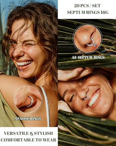 Besteel 20 Pcs Septum Rings 16G Hypoallergenic Surgical Steel Hinged Clicker Nose Rings Hoops for Women Men Cute CZ Dangle Horseshoe Lip Helix Tragus Daith Cartilage Piercing Jewelry 10MM in Kuwait
