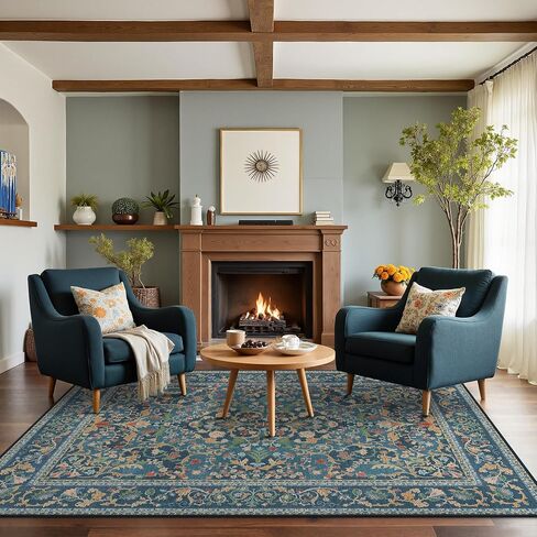 Bavni Vintage Floral Rugs 5x7, Washable Area Rug with Non Slip Backing, Low Pile for Living Room, Bedroom & Home Decor, Lightweight Carpet, Vintage Blue in Saudi Arabia