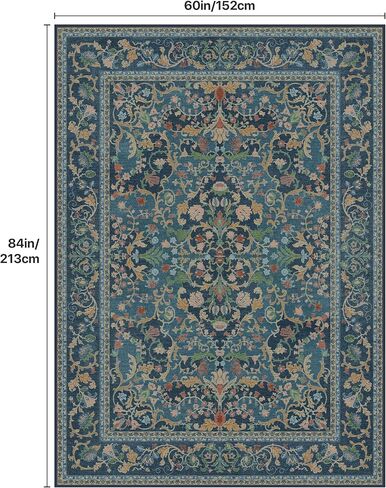 Bavni Vintage Floral Rugs 5x7, Washable Area Rug with Non Slip Backing, Low Pile for Living Room, Bedroom & Home Decor, Lightweight Carpet, Vintage Blue in Saudi Arabia