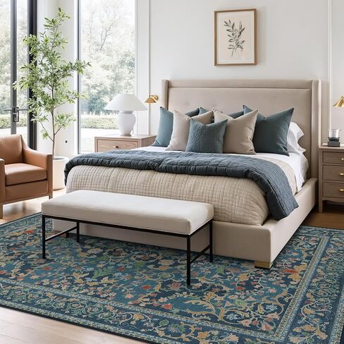 Bavni Vintage Floral Rugs 5x7, Washable Area Rug with Non Slip Backing, Low Pile for Living Room, Bedroom & Home Decor, Lightweight Carpet, Vintage Blue in Saudi Arabia