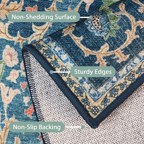 Bavni Vintage Floral Rugs 5x7, Washable Area Rug with Non Slip Backing, Low Pile for Living Room, Bedroom & Home Decor, Lightweight Carpet, Vintage Blue in Saudi Arabia