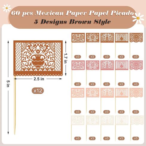 Epakh 60 جهاز كمبيوتر شخصى صغير Papel Picado Dia De Muertos راية كعكة توبر الملونة المكسيكية كعكة توبر يوم الموتى راية كعكة توبر عيد ميلاد سعيد كب كيك العلم لكعكة يوم الموتى الديكور in Saudi Arabia