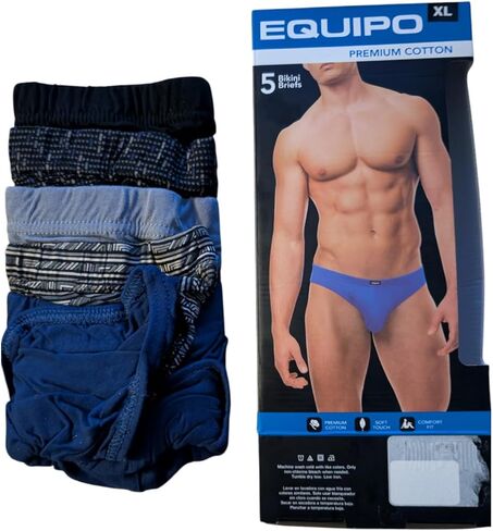 ملابس داخلية بيكيني للرجال من Equipo مكونة من 5 قطع - ملابس داخلية قطنية ممتازة، حزام خصر مريح، مقاس منخفض (X-Large، عادي، متعدد الألوان من الألومنيوم الأزرق والأسود) in Kuwait