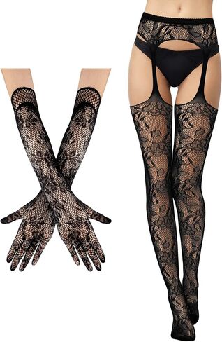 2 Pieces Suspender Pantyhose Long Floral Lace Gloves Stocking Fishnet Thigh Tights Garter Belt Stockings for Women, Black(Medium,Delicate Style) in Saudi Arabia