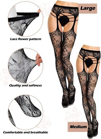 2 Pieces Suspender Pantyhose Long Floral Lace Gloves Stocking Fishnet Thigh Tights Garter Belt Stockings for Women, Black(Medium,Delicate Style) in Saudi Arabia