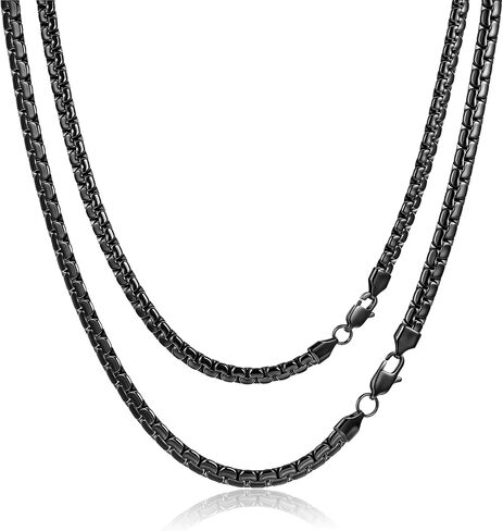 2Pcs Black Chains for Men, Stainless Steel Flat Box Chain Necklace, Layered Necklaces for Men and Women, 3mm/4mm/5mm/6mm Width in Kuwait