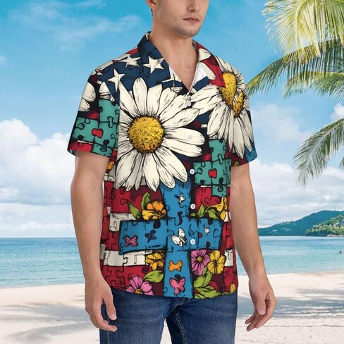 Plaid Button Down Shirt, Short Sleeve Casual Summer Shirt, Blue and Yellow Checkered Pattern in Kuwait