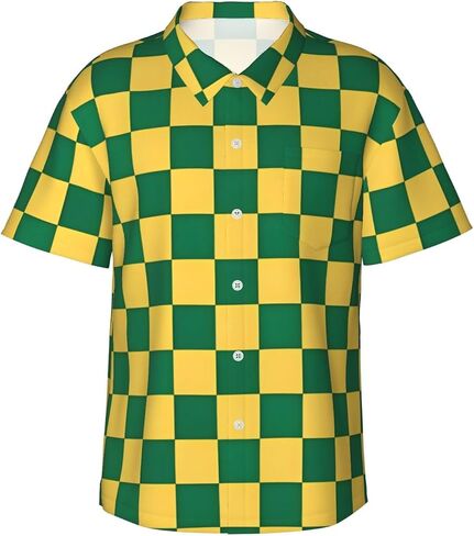 Plaid Button Down Shirt, Short Sleeve Casual Summer Shirt, Blue and Yellow Checkered Pattern in Kuwait