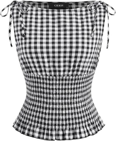 CIDER Tank Tops for Women Cute Gingham Top Shirred Boat Neck Sleeveless Top Cotton Summer Shirts Blouses for Women in Saudi Arabia