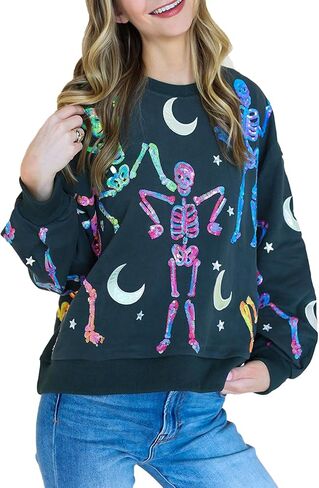 سترة Meiweileya النسائية Y2k Halloween Spooky Ghost Candy Corn Sequin Graphic Sweatshirt in Kuwait