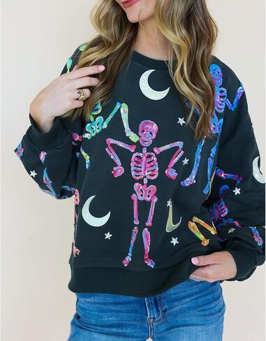 سترة Meiweileya النسائية Y2k Halloween Spooky Ghost Candy Corn Sequin Graphic Sweatshirt in Kuwait