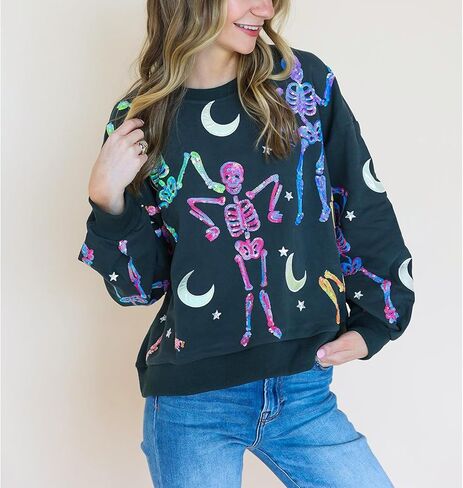 سترة Meiweileya النسائية Y2k Halloween Spooky Ghost Candy Corn Sequin Graphic Sweatshirt in Kuwait