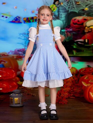 OBEEII Kids Girl Blue and White Checked Dress Bows Summer Casual Short Sleeve Blue Gingham Dress in Saudi Arabia