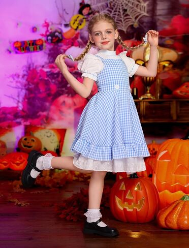 OBEEII Kids Girl Blue and White Checked Dress Bows Summer Casual Short Sleeve Blue Gingham Dress in Saudi Arabia