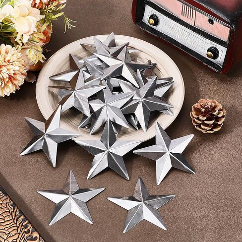 GORGECRAFT 30PCS 3 Inch Galvanized Metal Stars Vintage Rustic Silver Primitive Stars Three Dimensional Christmas Tree Patriotic Ornament for Crafts Independence Day Hanging Wall Holiday Wreath Decor in Saudi Arabia
