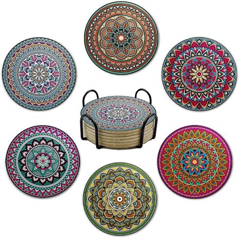 6PCS Set of 6 Coasters - Vintage Ottoman Flower Design, Absorbent Round Ceramic Stone Mats with Cork Base and Metal Holder, Ideal for Housewarming or Bar Decor, Datura in Saudi Arabia