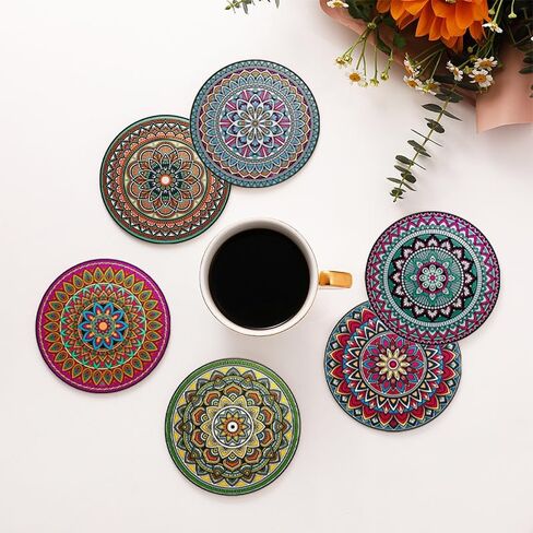 6PCS Set of 6 Coasters - Vintage Ottoman Flower Design, Absorbent Round Ceramic Stone Mats with Cork Base and Metal Holder, Ideal for Housewarming or Bar Decor, Datura in Saudi Arabia