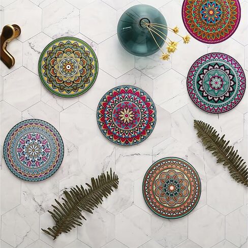 6PCS Set of 6 Coasters - Vintage Ottoman Flower Design, Absorbent Round Ceramic Stone Mats with Cork Base and Metal Holder, Ideal for Housewarming or Bar Decor, Datura in Saudi Arabia