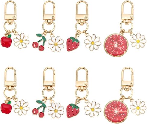 PH PandaHall 16pcs Fruit Flower Keychains, 4 Styles Cute Key Chain Alloy Enamel Keychains Cherry Strawberry Orange Charms for Purse Wallet Backpack Decoration, Gift, Women, Gold in Saudi Arabia