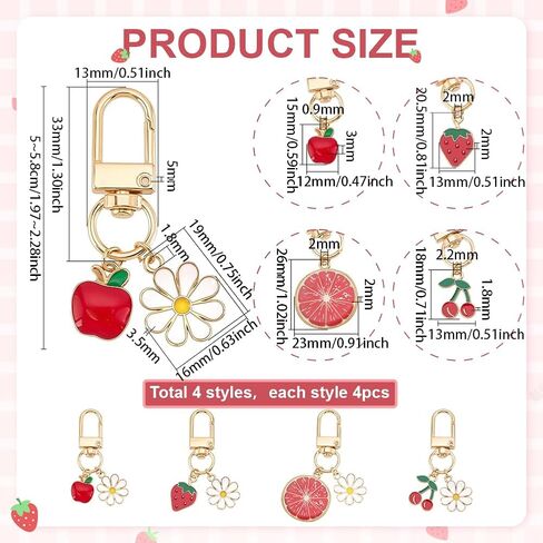PH PandaHall 16pcs Fruit Flower Keychains, 4 Styles Cute Key Chain Alloy Enamel Keychains Cherry Strawberry Orange Charms for Purse Wallet Backpack Decoration, Gift, Women, Gold in Saudi Arabia