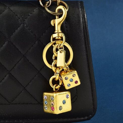 Cool Crystal Dice Keychain Sparkly Rhinestone Handbag Bag Pendant Keyring Accessories Purse Charm for Women Men (Gold) in Saudi Arabia