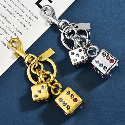 Cool Crystal Dice Keychain Sparkly Rhinestone Handbag Bag Pendant Keyring Accessories Purse Charm for Women Men (Gold) in Saudi Arabia