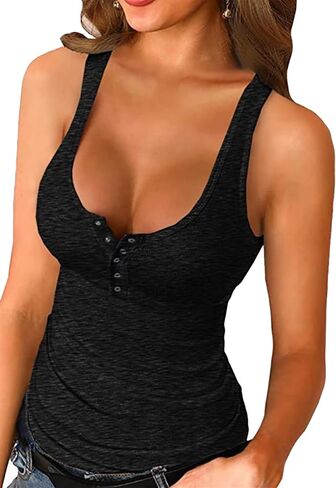 FLITAY Womens Scoop Neck Henley Tank Tops Low Cut Solid Sexy Summer Sleeveless Button Down Shirts in Saudi Arabia