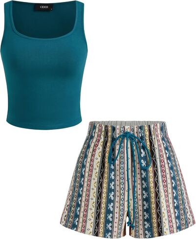 CIDER Square Neck Solid Crop Tank Top With Mid Rise Aztec Knotted Pocket Shorts in Saudi Arabia