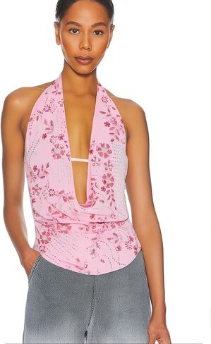 Sequin Top for Women Sexy Sparkle Halter Sleeveless Backless Deep V Neck Embroidered Top for Streetwear in Saudi Arabia