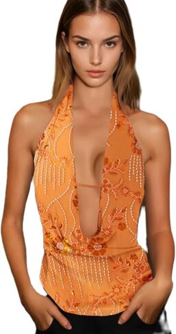 Sequin Top for Women Sexy Sparkle Halter Sleeveless Backless Deep V Neck Embroidered Top for Streetwear in Saudi Arabia