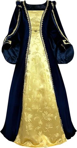 Women's Velvet Ren Tudor Gown Gold Trim Baroque Damask Layered Floor Length Renaissance Luxury Costume in Saudi Arabia