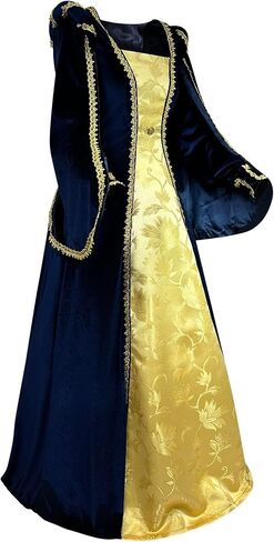 Women's Velvet Ren Tudor Gown Gold Trim Baroque Damask Layered Floor Length Renaissance Luxury Costume in Saudi Arabia
