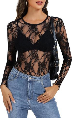 Lace Long Sleeve Tops for Women Mesh Sheer Sexy Undershirt Crew Neck Floral See Through Shirts in Saudi Arabia