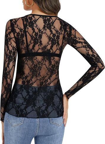 Lace Long Sleeve Tops for Women Mesh Sheer Sexy Undershirt Crew Neck Floral See Through Shirts in Saudi Arabia
